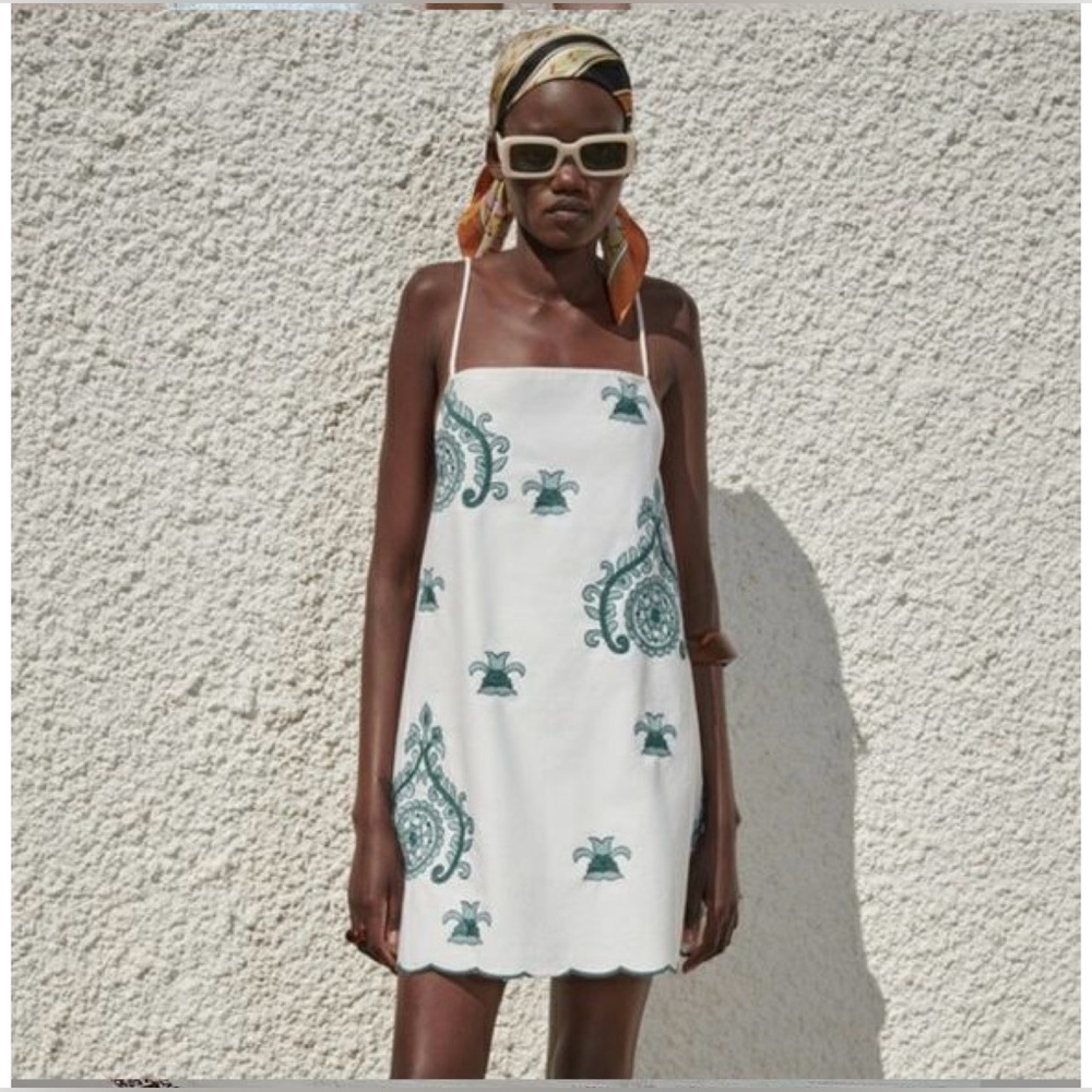 Zara NWT Green White Embroidered Mini Dress Rope Back Cut Out Sz M